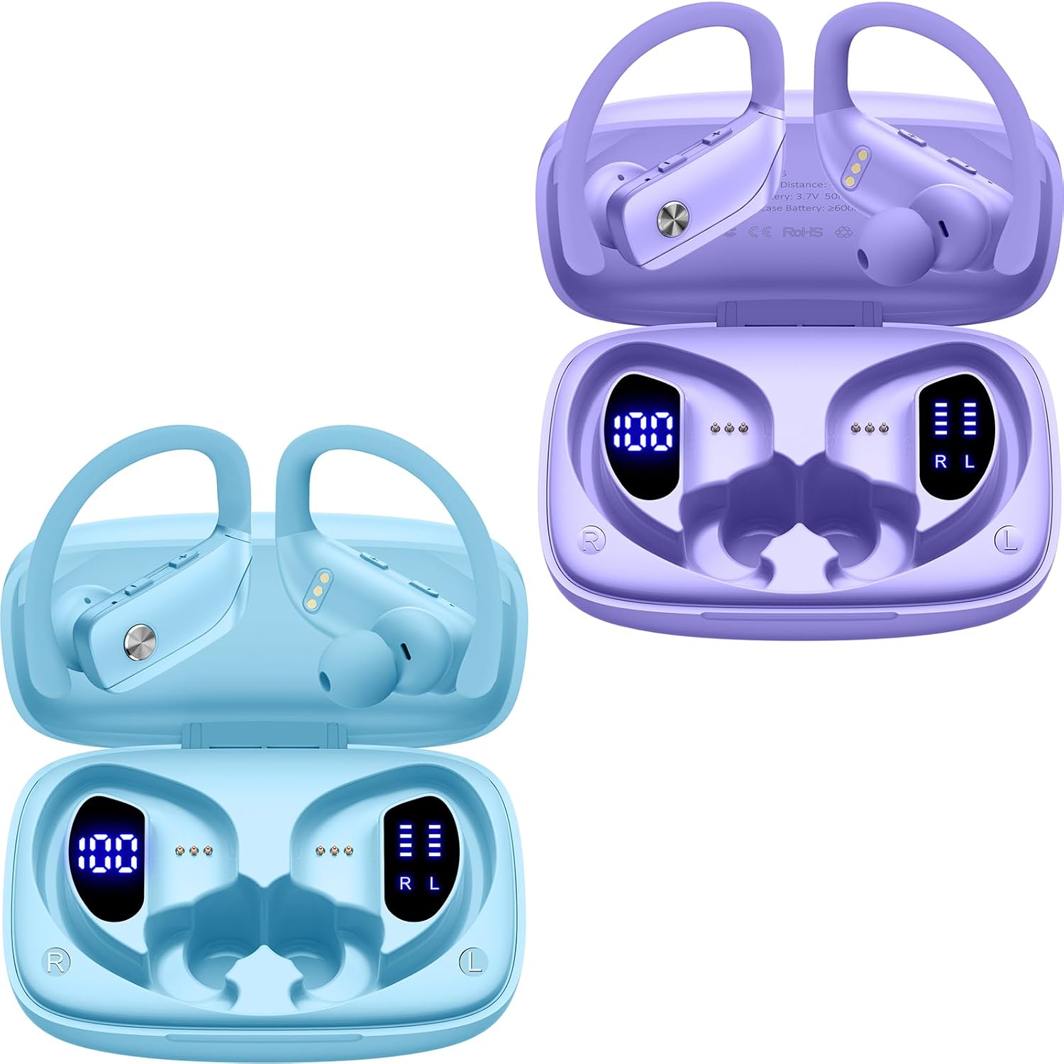 2 Sets Wireless Earbuds Bluetooth Headphones 48hrs Play Back Sport Earphones with LED Display Over-Ear Buds with Earhooks Built-in Mic Headset for Workout Sky Blue+Purple