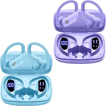 2 Sets Wireless Earbuds Bluetooth Headphones 48hrs Play Back Sport Earphones with LED Display Over-Ear Buds with Earhooks Built-in Mic Headset for Workout Sky Blue+Purple