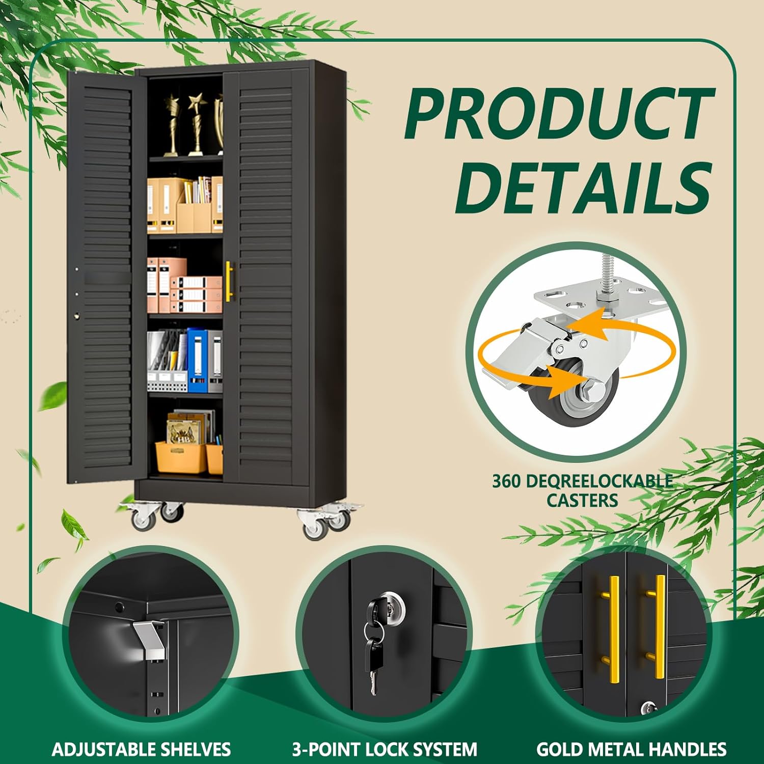 71" Tall Metal Garage Storage Cabinet with Wheels, Steel Locking Rolling Tool Cabinet with 4 Adjustable Shelves for Garage,Home,Office (Black)