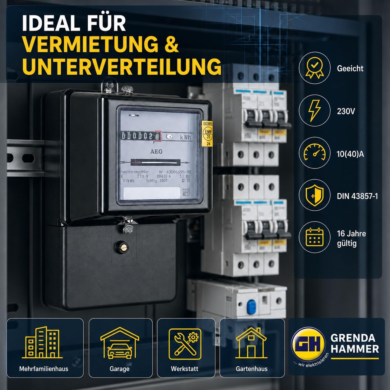 KDK Dornscheidt 111040 Wechselstromzähler 230V 10(40) A geeicht 16 Jahre für Verrechnungszwecke zugelassen, 1-phasiger Stromzähler mit Rollenzählwerk 5,1-stellig