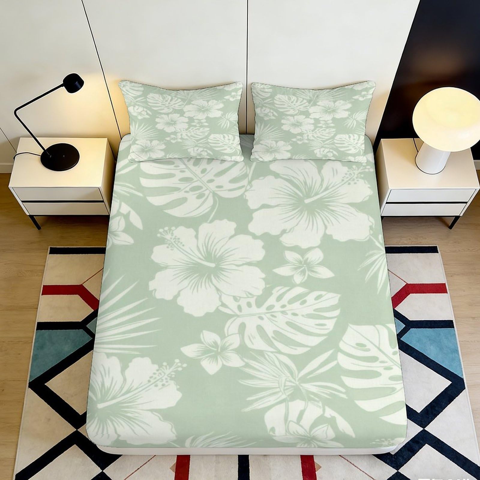 3D Printed Green Tropical Floral Fitted Sheet Microfiber Soft Hibiscus Leaf Mattress Cover for Bedroom Guest Room Decor 90x200x25cm