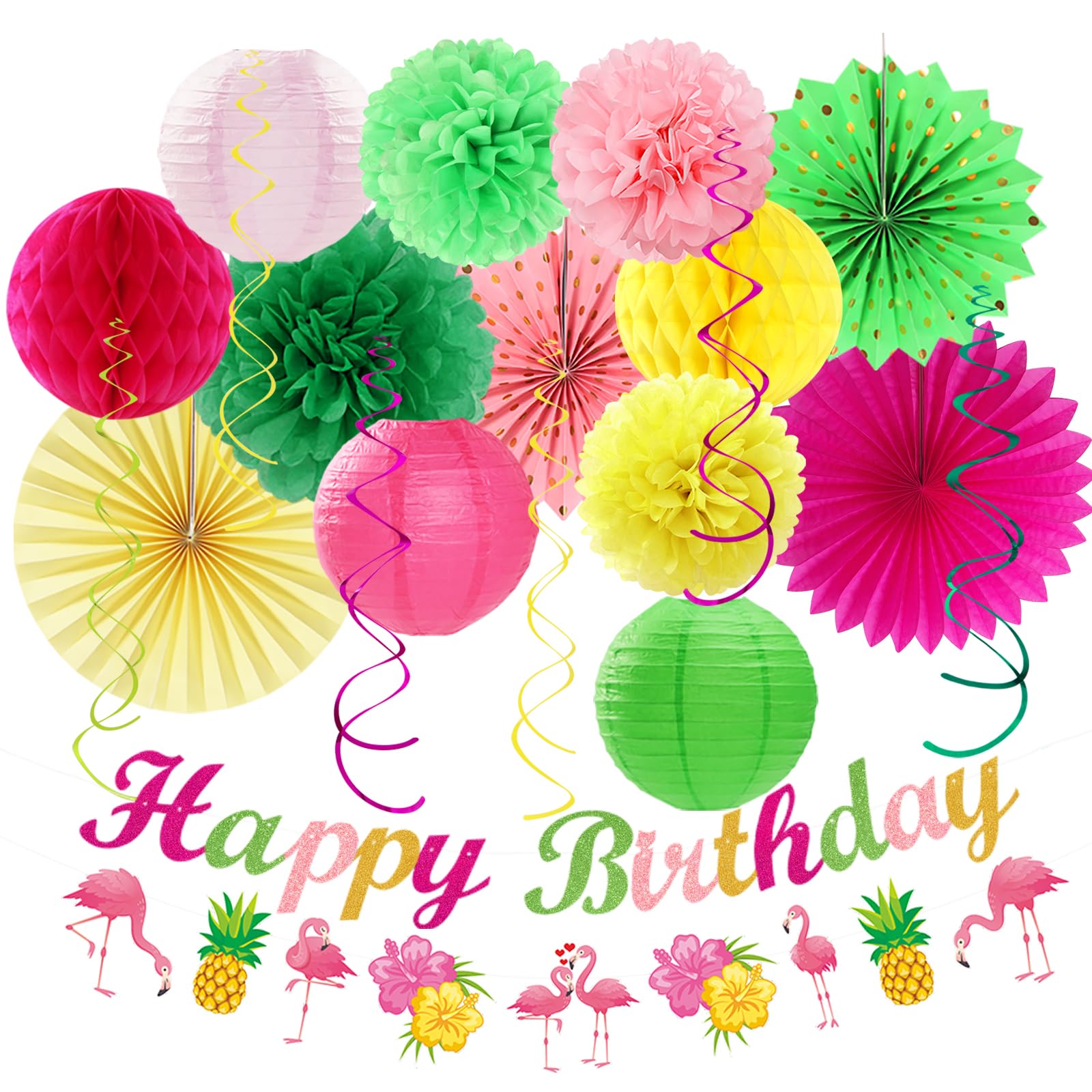 Hawaiian Luau Birthday Party-Decorations Supplies - 21pcs Happy Banner,Beach Paper Lanterns Honeycomb,Flamingo Pool Streamers Garland,Summer Tissue