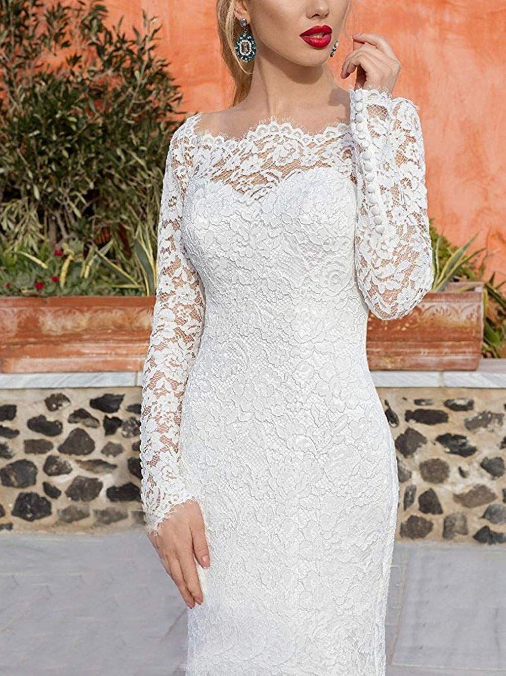 RONGLONG Abito da Sposa Lungo delle Donne Mermaid Pizzo Bridal Fashion Manica Lunga, Bianco Avorio, 50