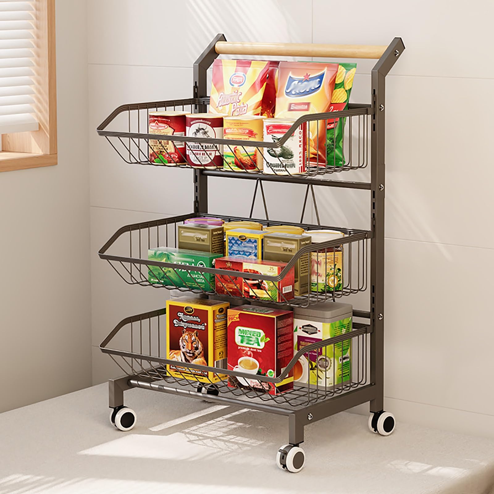 METTEOR Snack Storage Rack,Rolling Utility Carts with Wheels, Snack Cart Fruit Vegetable Basket Cart for Kitchen Bathroom Living Room, 3 4 5 Tier Snack Shelf (Black 3 Tier)