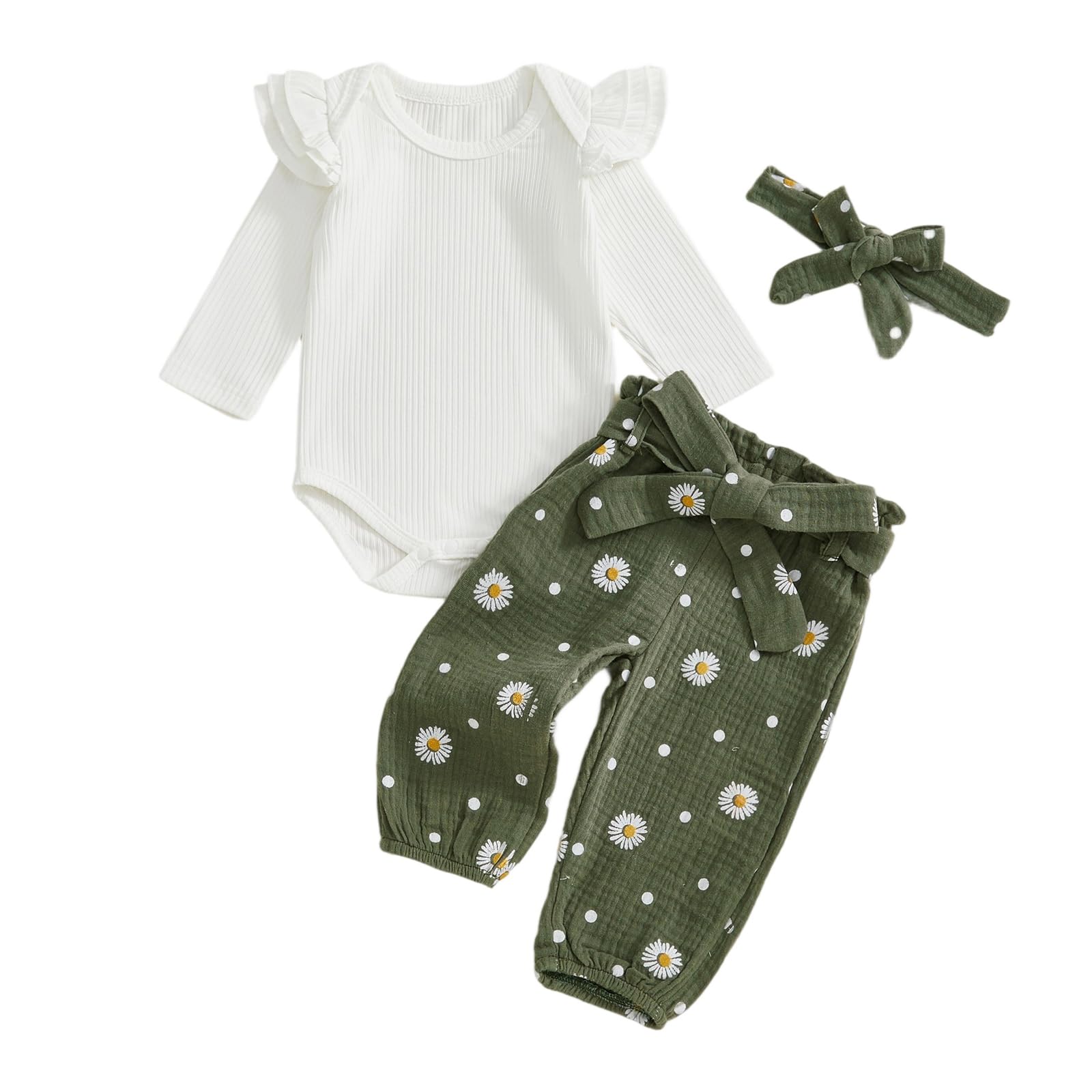 Kaipiclos Newborn Infant Girl Clothes Rib Knit Ruffles Long Sleeve Romper Daisy Pants Baby Clothes for Girls 0