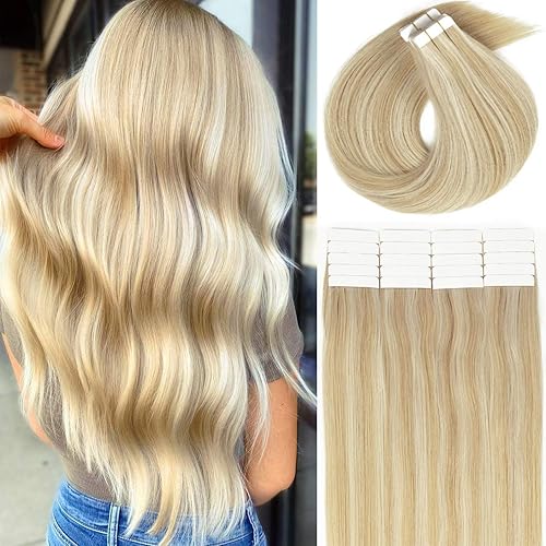 Lacer Extensiones de cabello humano con cinta, 16 pulgadas, trama cutánea, cabello humano Remy, degradado a rubio ceniza oscuro con reflejos rubio disponible en Yaxa Guatemala