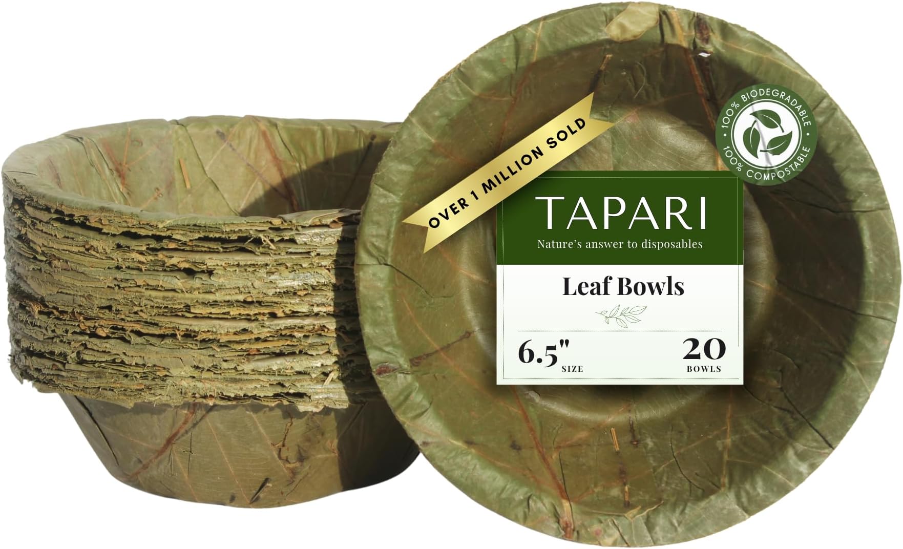 TAPARI Sturdy Eco-Friendly Disposable Leaf Bowls - 100% Compostable and Biodegradable - Pack of 20 Ø 6 inch / 15cm leaf bowls for Parties – Ethically Produced - Chaumin plate