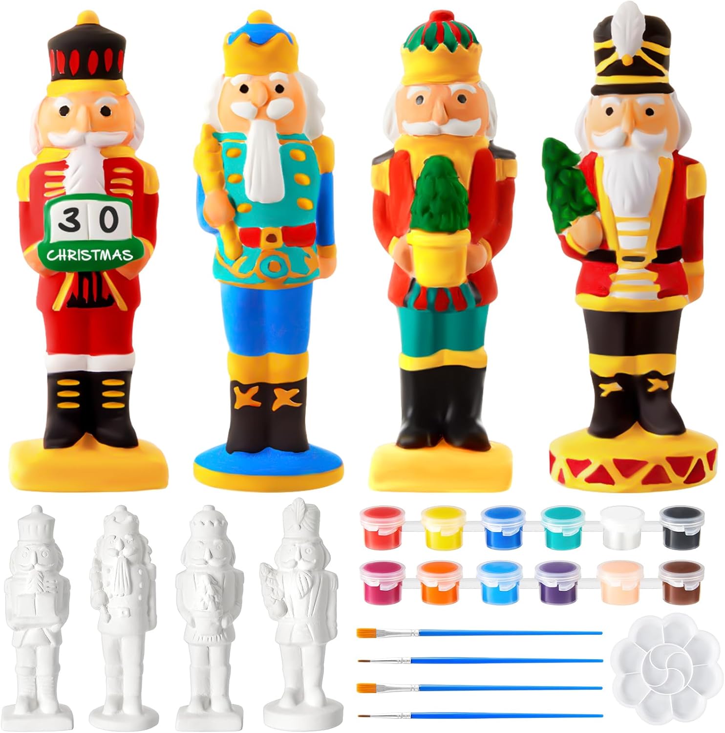 Watersay 8 Set Christmas Ceramic Nutcrackers to Paint Unpainted Figurines Craft Kit Include 8 Nutcracker Ceramic Blank DIY Puppet Soldier with Paints Brushes Palette for Xmas Keepsake Decoration