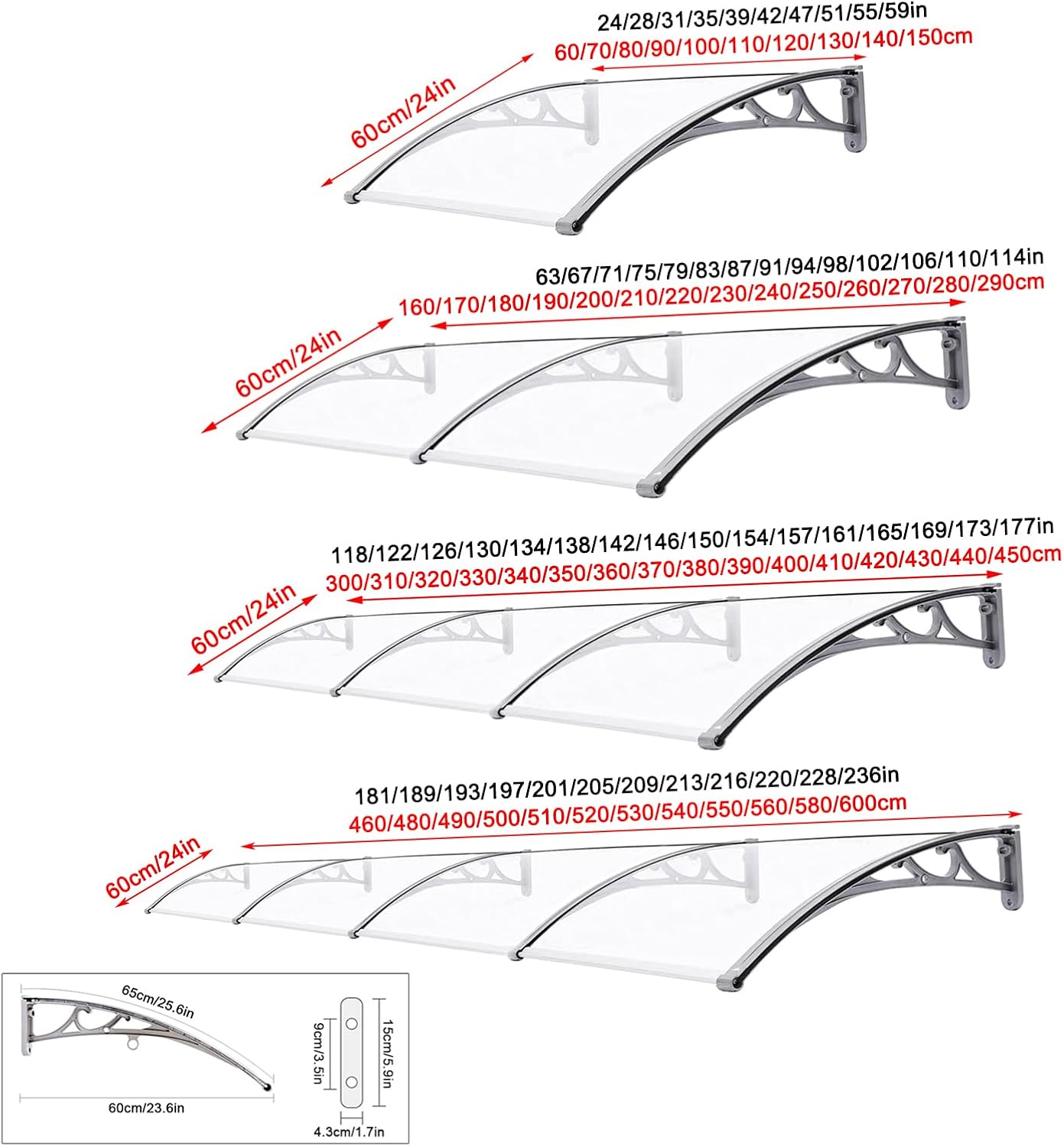 Aluminum Alloy Front Door Canopy Outdoor Awning,Porch Canopy,Silent Transparent Polycarbonate Cover,Window Rain Shelter Cover,Balcony Awning Window Awning,for Garden Entrance (60x100cm/24 x3