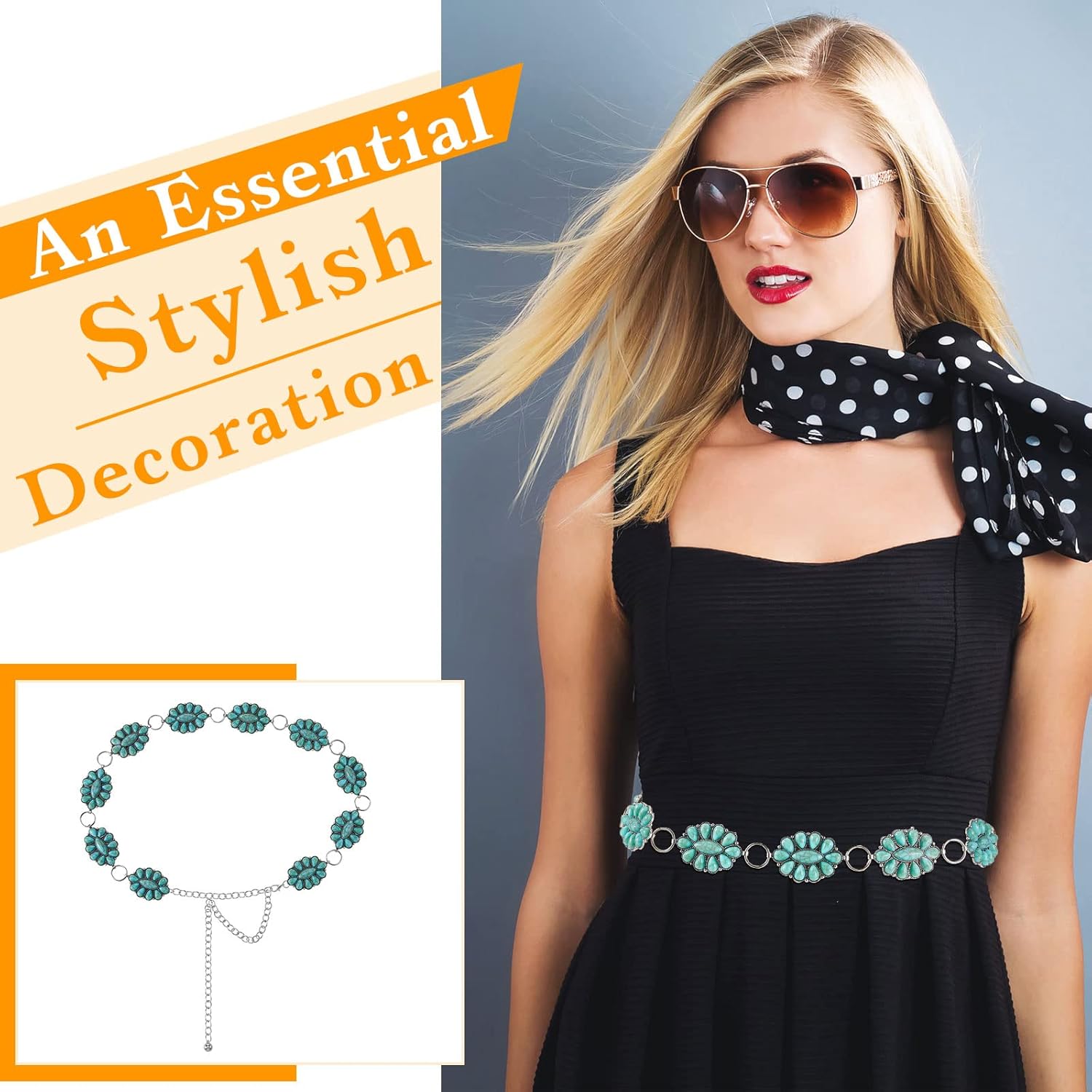 Bonuci 2 Pcs Turquoise Concho Chain Belt Adjustable Waist Belts for Women Western Metal Silver Belt for Dress Womens Turquoise Belt(Elegant Style) - Image 4