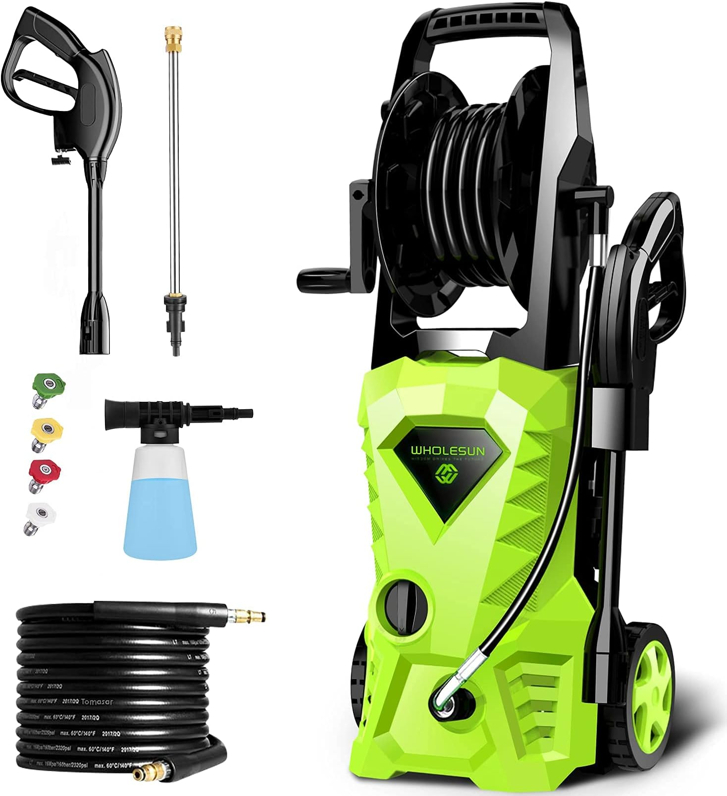WHOLESUN 3000PSI Electric Pressure Washer, 2.4GPM 1600W High Power Washer Machine with Spray Gun & 4 Nozzles for Cars, Homes, Driveways, Patios(Green)