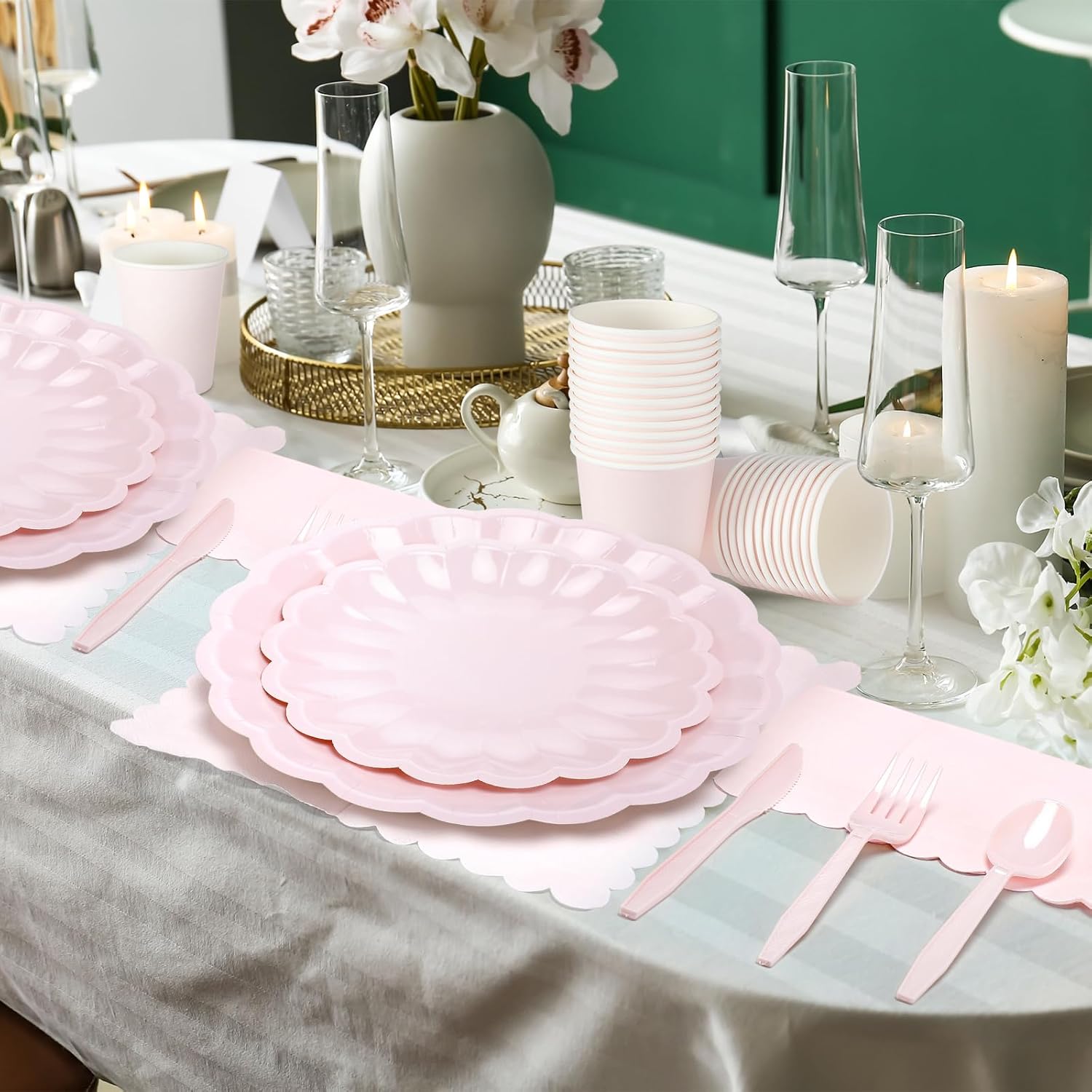 Light Pink Scalloped Paper Plates Shell Edge Disposable Tableware Cocktail Napkins Cups Plastic Spoons Forks Knives for Wedding Baby Shower Picnic Birthday Party Supply for 50 Guests