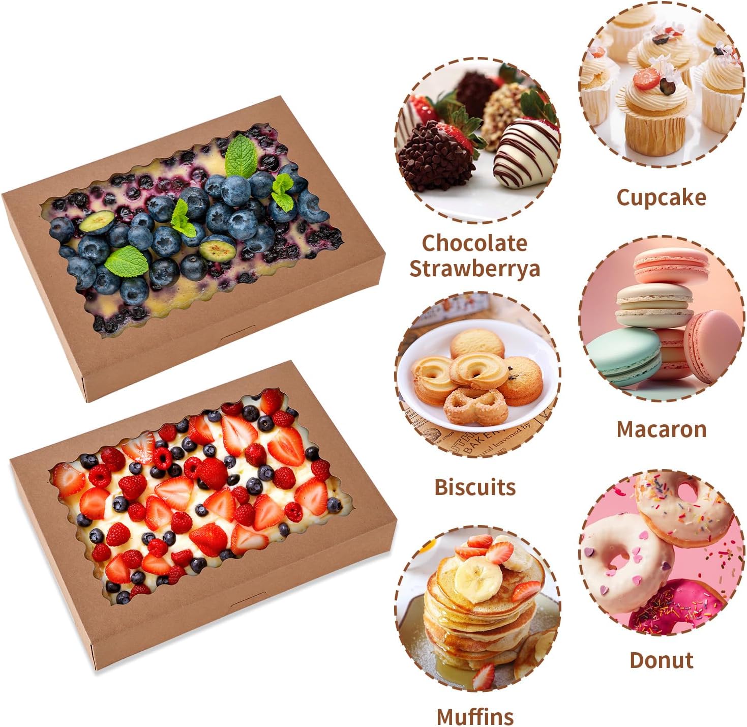 24 pcs Cookie Boxes,14x10x2.5 Inch Large Bakery Boxes with Window for Pies Chocolate Strawberries Muffins Donuts Pastry Dessert Christmas(Brown) (Brown, 14 * 10 * 2.5inch/24pcs) - Image 3