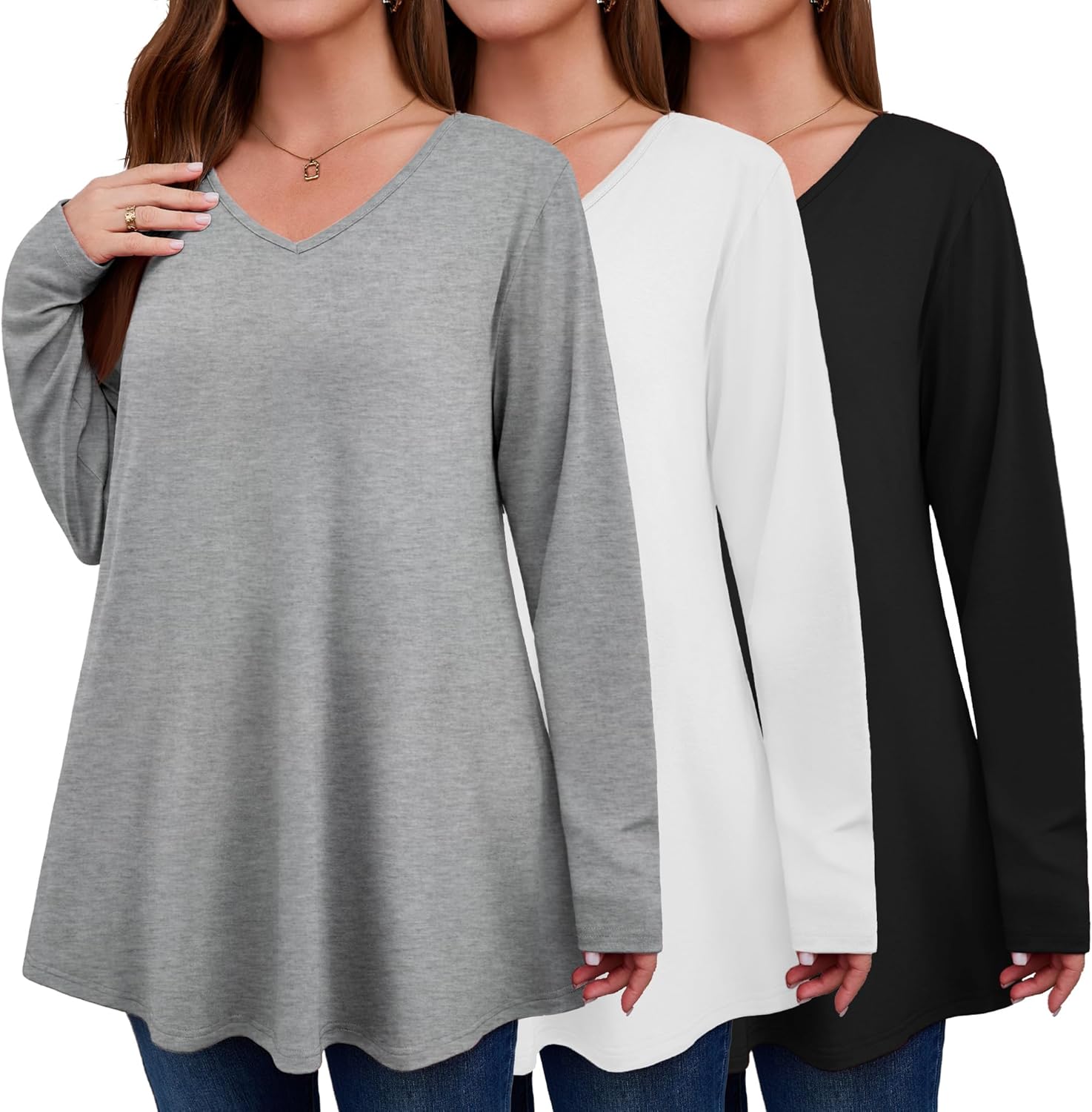 Evervibe 3 Pack Women's Plus Size Tunic Tops V Neck Long Sleeve Shirts Loose Fit Casual Flowy Tees with Leggings