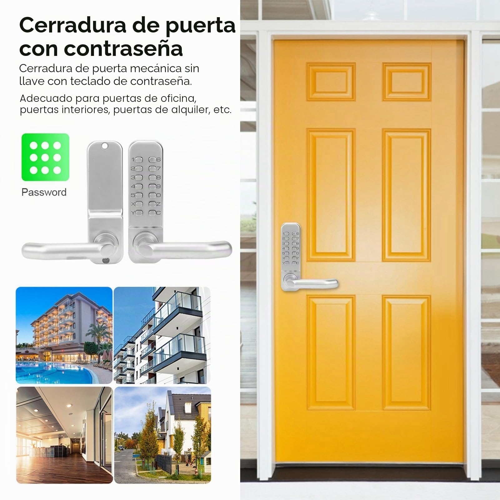Cerradura de puerta de contraseña mecánica digital, Botón pulsador Teclado de código digital, Gabinete de puerta exterior para interiores, Cerradura de manija de puerta Impermeable