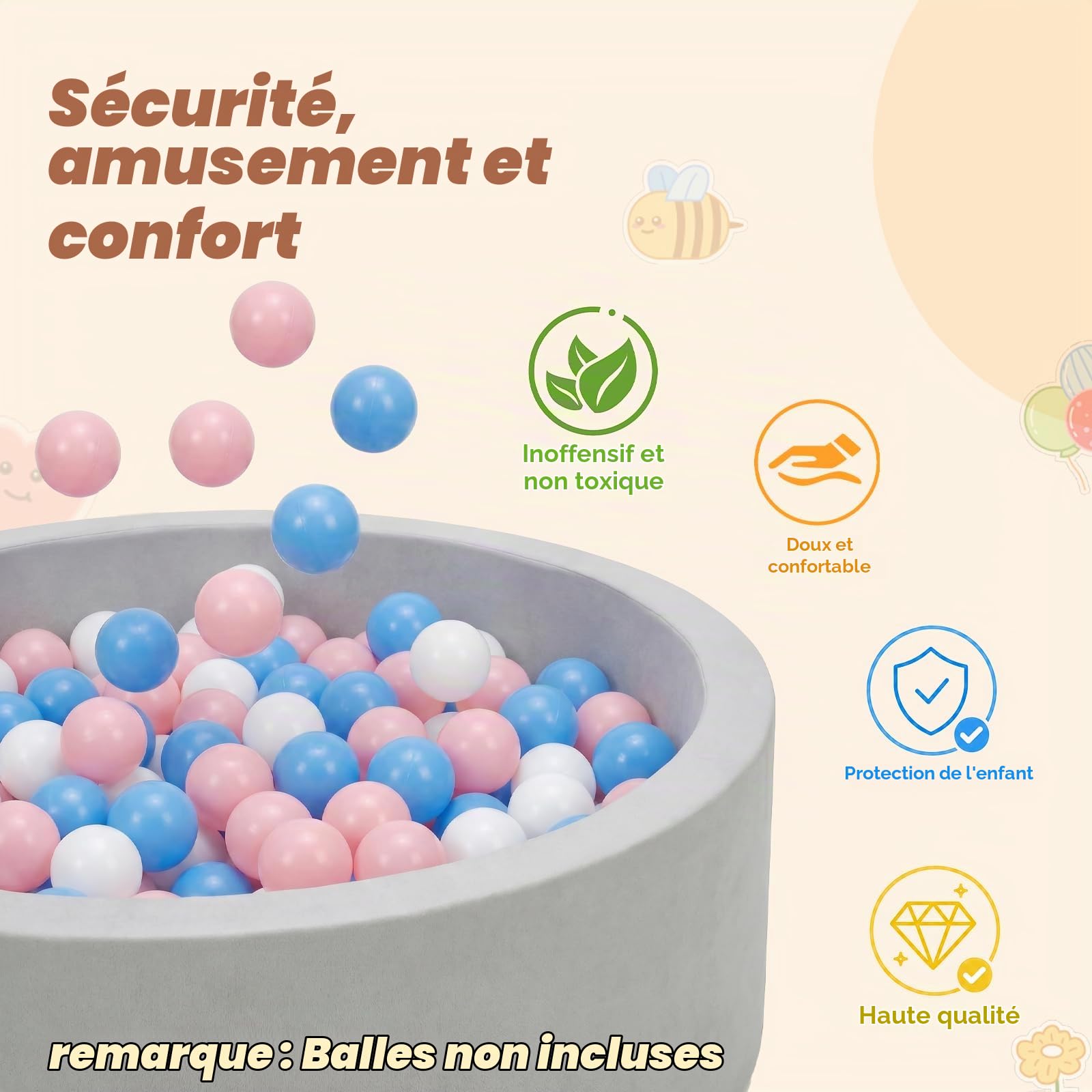 Wilwolfer Piscine à balles pour Tout-Petits : Piscine à balles Pliable pour bébé - Piscine à balles Ronde et Douce - Piscine à balles de Jeu pour bébé - Mousse à mémoire de Forme Douce - pour