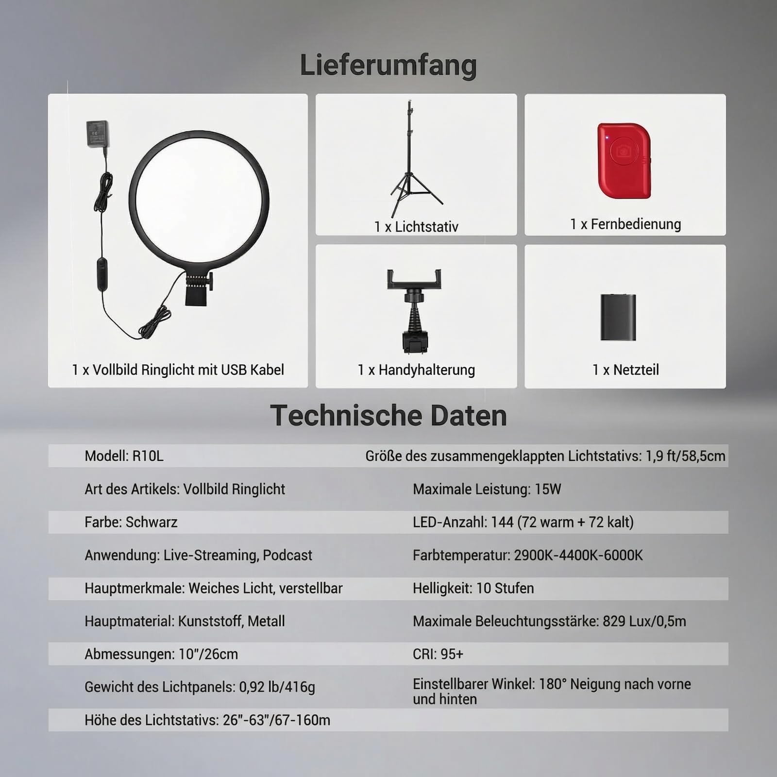 NEEWER BASICS 10" Ringlicht mit 63" Stativ/Handyhalterung/Fernbedienung kompatibel mit iPhone, 15W, zweifarbige, Edge Lit Vollbild LED Beleuchtung, CRI 95+ für Video Selfies Streaming und Makeup, R10L