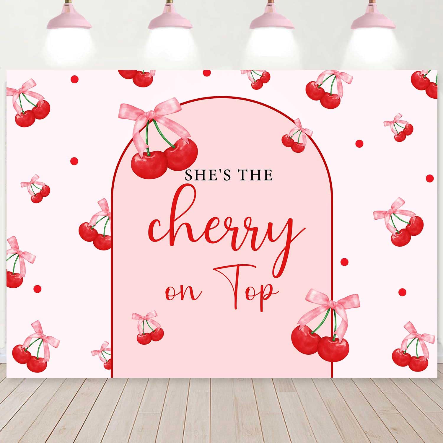 Ayayiya She's The Cherry on Top Baby Shower Backdrop Pink Coquette Bow Cherry on Top Party Decorations for Women Girl Baby Shower Bridal Shower Banner