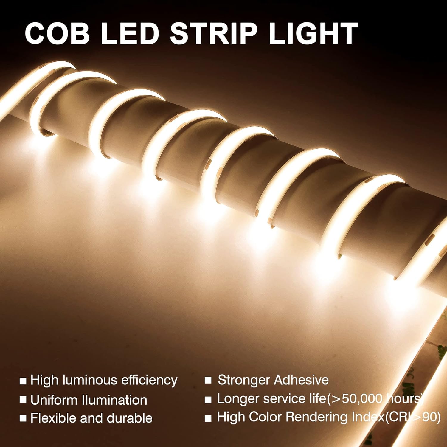 Ruban LED COB 20m, 480 LEDs/m, 9w/m, 24V Bande LED Bianco Freddo avec Largeur 8mm, CRI 92+, Ruban LED pour Chambre Coucher, Cuisine, Miroir, Armoire (sans alimentation), 6000K | Ruban LED blanc froid pour éclairage indirect dans l'atelier, le salon, plint