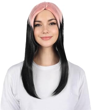 Womens Edgy Black Mullet Wig with Pink Roots 19 Retro 70s 80s Popstar Cosplay Hair Choppy Bangs Halloween Party Costume Wig