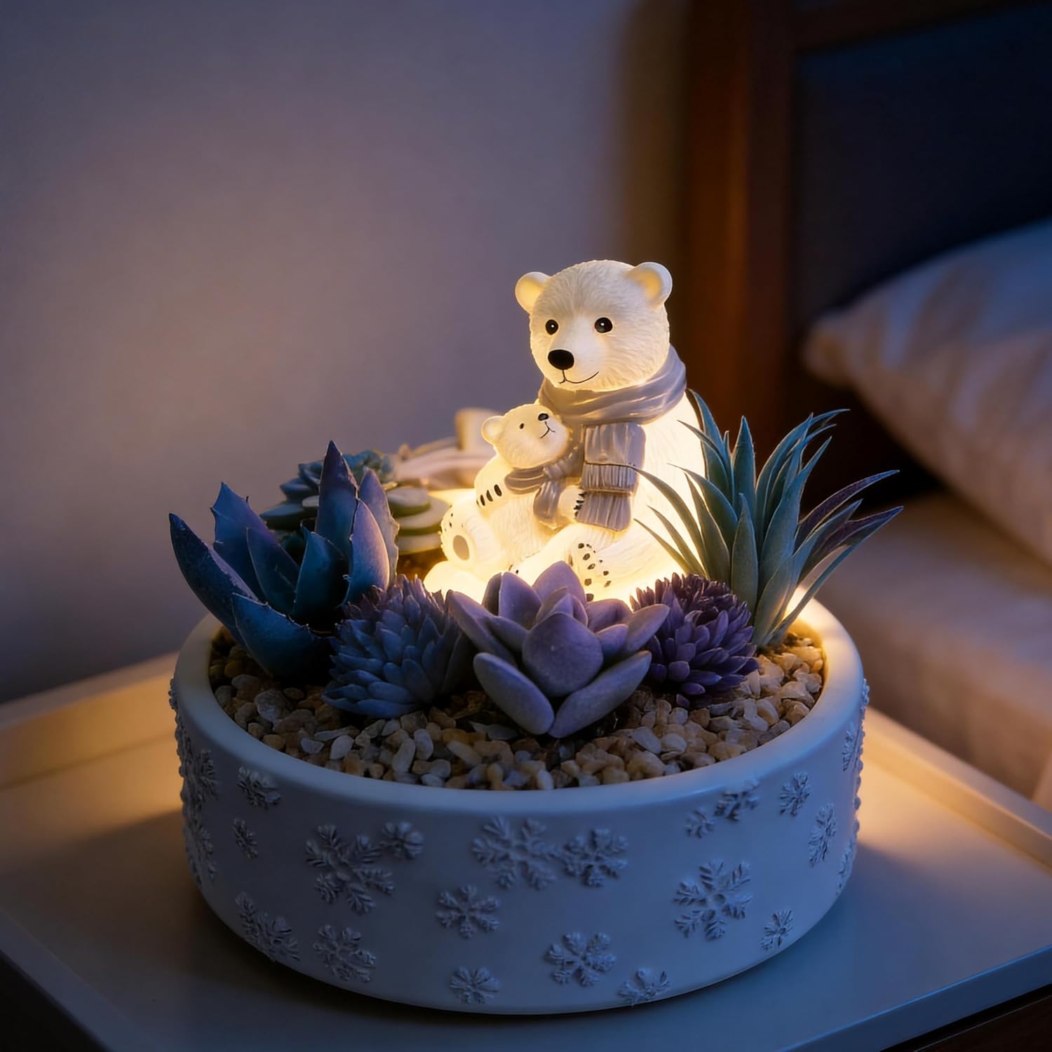 LED Night Light for Kids, Small Polar Bear Decorative Night Lamp with Faux Succulent for Bedroom, Bathroom, Nusery, Cute Night Light with Inline Switch, Mother’s Day Birthday Gift