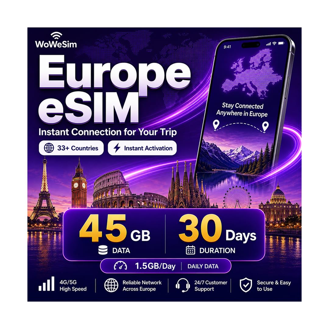 Europe eSIM 45GB 30-Day 5G LTE Hotspot No Physical SIM