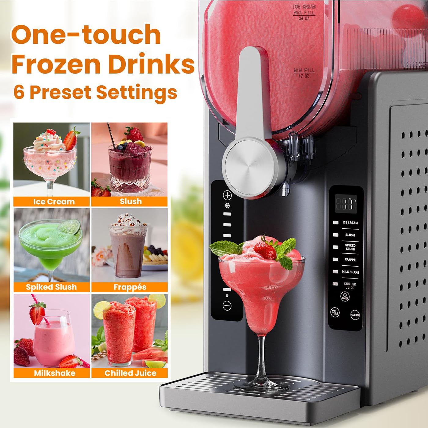 Máquina profesional de granizado con tecnología Quickfreeze, autolimpieza, 6 programas preestablecidos, bloqueo infantil, para granizados, margaritas, cócteles