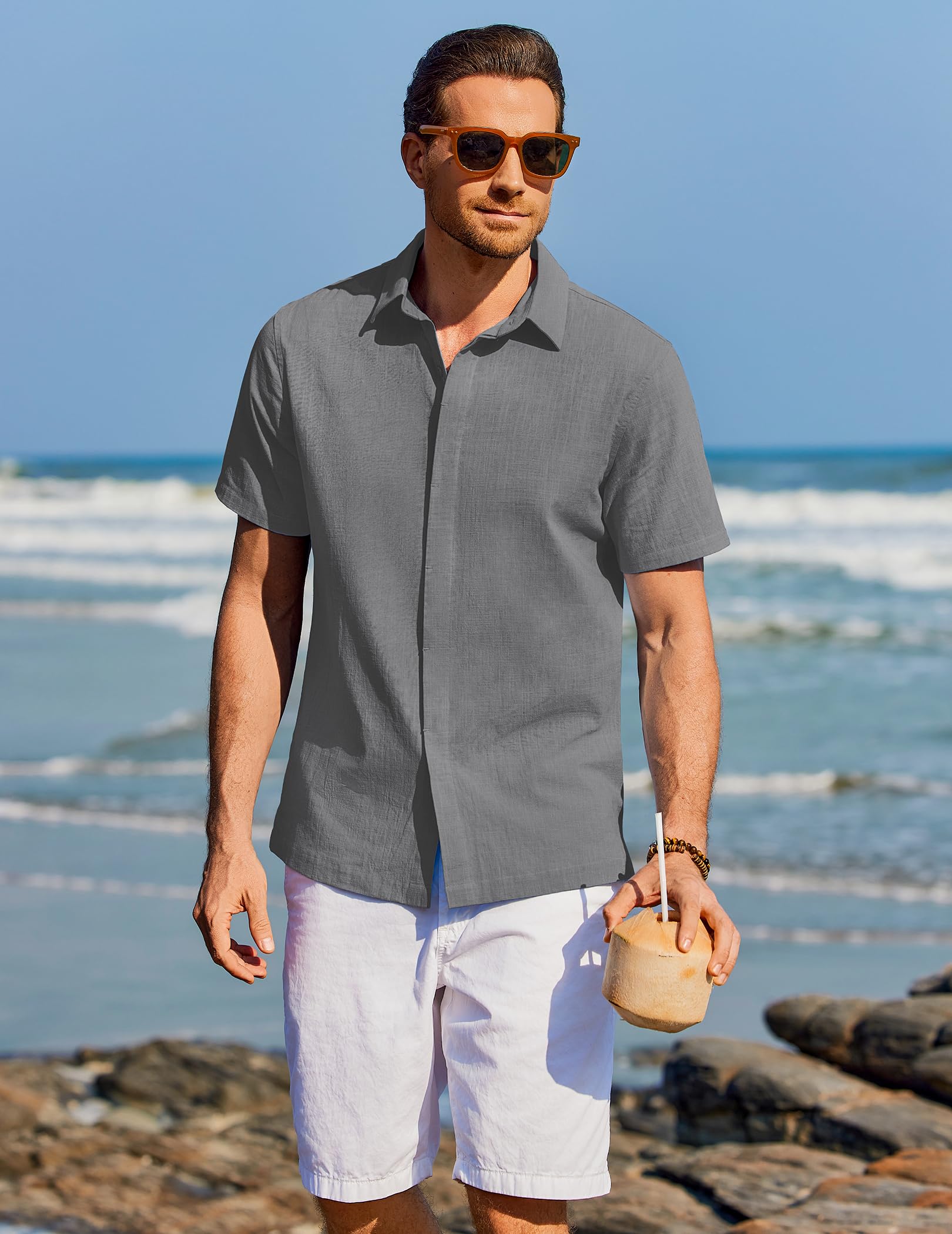 COOFANDY Camisa Hombre Manga Corta Verano 100% Algodón Camisas Hombre Casual Regular Fit - 3