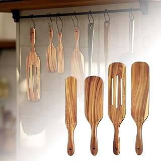 Juego de utensilios de cocina de madera de 4 piezas, cuchara volteadora y soporte, herramientas de cocina para chefs caseros y cocina (marrón, 33.5 cm)