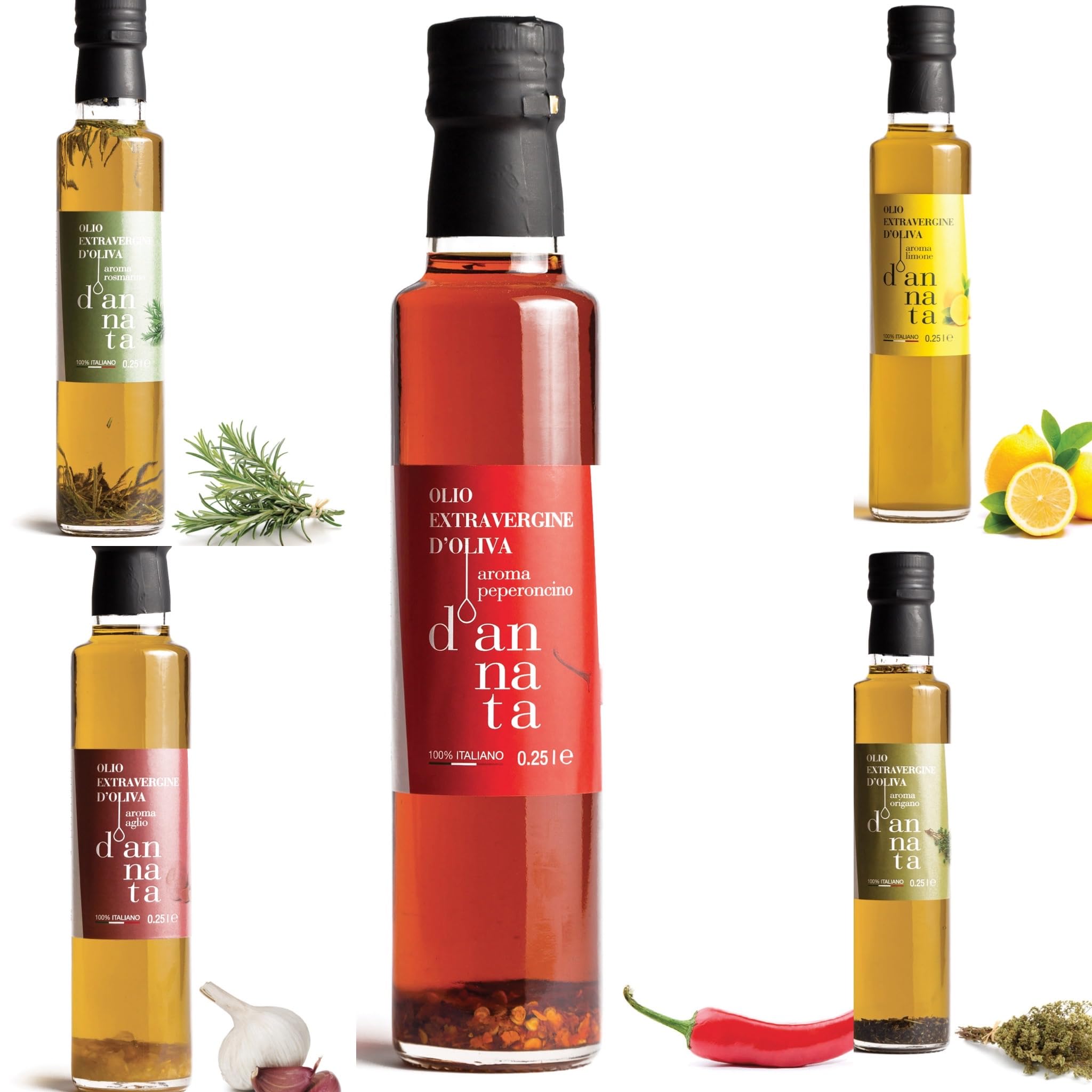 D'annata Pacchetto Confezione Condimento a base di Olio Extravergine di Oliva Aromatizzato Peperoncino Aglio Limone Origano Rosmarino N. 5 Bottiglia Dorica 250 Ml 100% Italiano