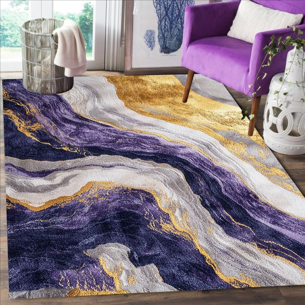 Purple Grey Gold Marble Pattern Modern Abstract Lux Area Rug 7x9 Soft Wool Washable Aesthetic Rug for Livingroom Bedroom Diningroom Unique Art Deco
