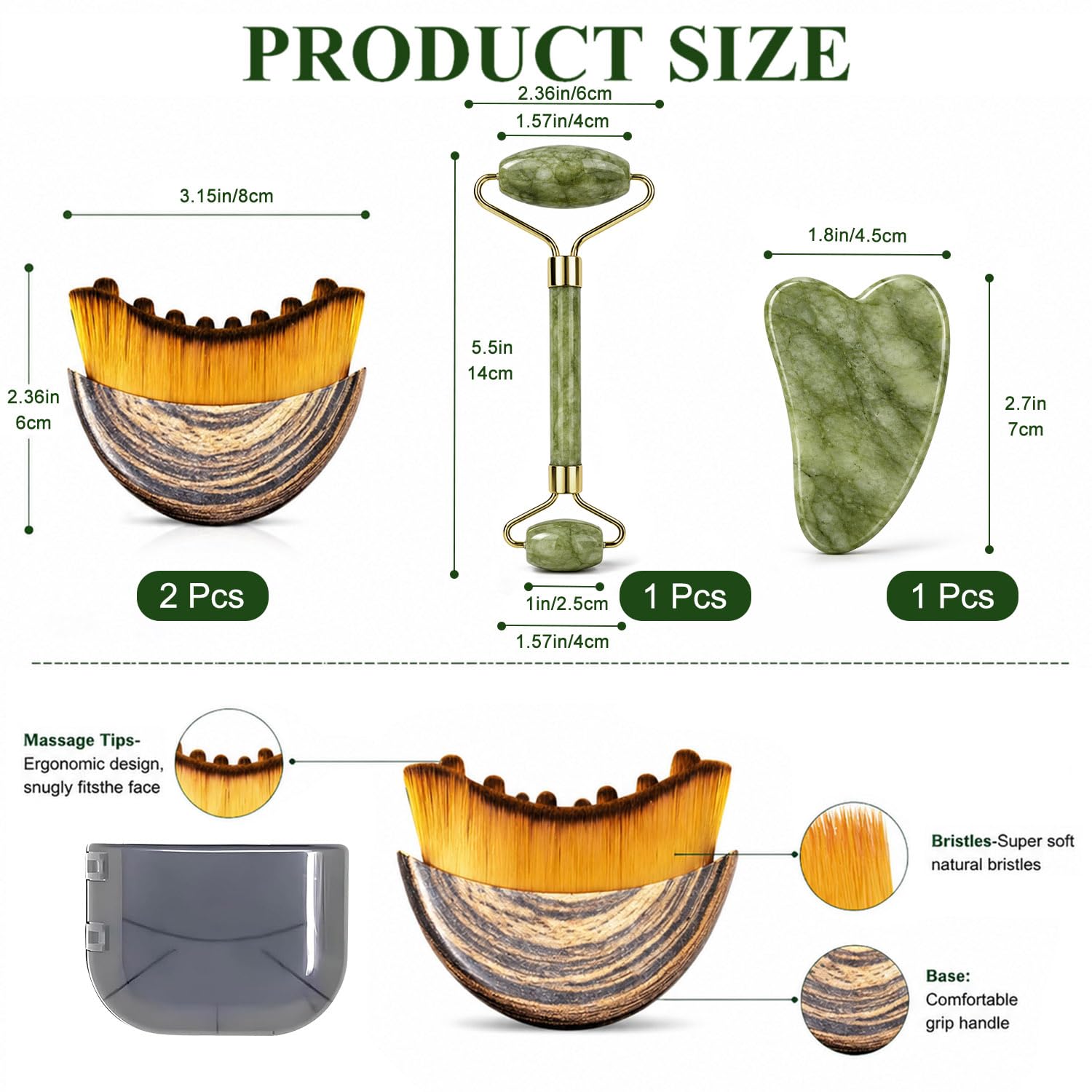 Cepillos Linfáticos Faciales Set 4 Piezas Jade Gua Sha y Rodillo de Jade Masaje Tensado Facial