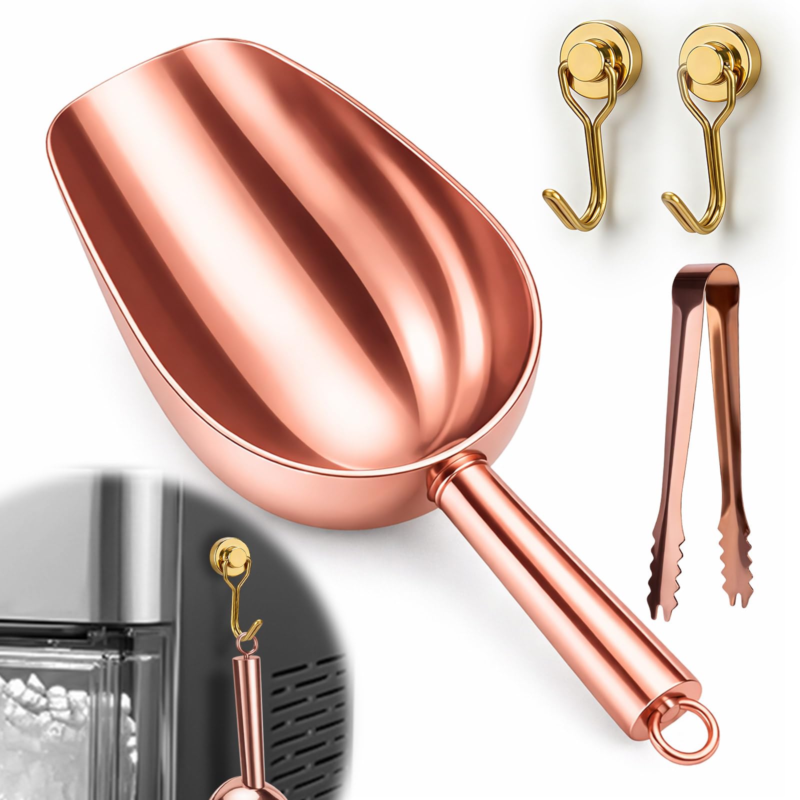 Juome 6oz Stainless Steel Ice Scoop for Freezer with Magnetic Holder, Rose