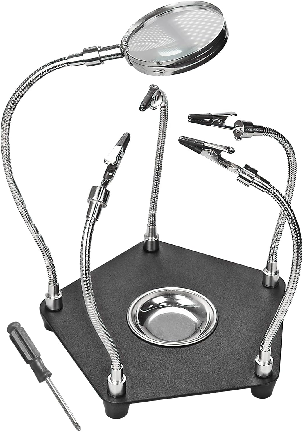 POFIBO Third Hand Soldering Station - Helping Hands Soldering, Third Hand Welding Aid with 3X Magnifying Glass and 4 Adjustable Metal Arms, Suitable for Welding Works, Electronic Maintenance Aids