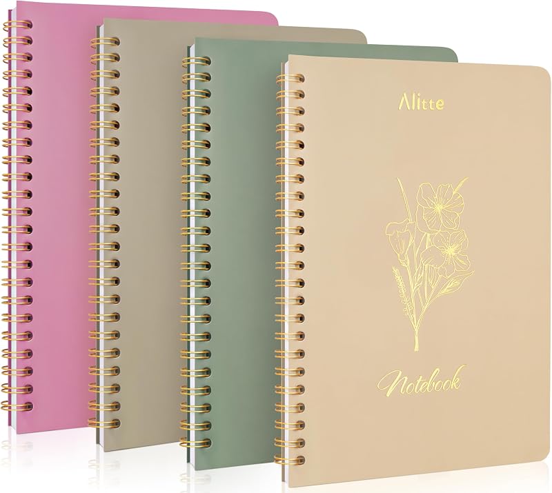 Aesthetic Spiral Notebook Set of 4 - Cute Notebook/Journal for Women - 100 Pages, Large Inner Pocket - College Ruled 8x6 - Lined Journal Notebooks for Work, Office, School