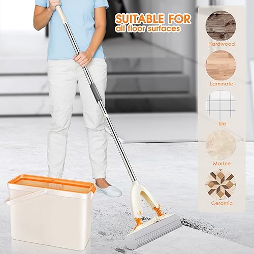 Miniatura 7 de HEVOL PVA - Juego de mopa y cubeta de esponja con 3 repuestos de esponja superabsorbentes trapeador de esponja autoexprimible para limpieza de