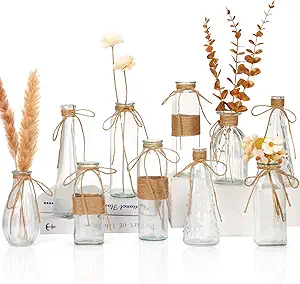 Nilos 10pcs Small Flower Vases for Centerpieces, Clear Glass Vases with Rope Design for Flowers, Vintage Farmhouse Style Bud Vases in Bulk for Home Table Decor Wedding Decorations
