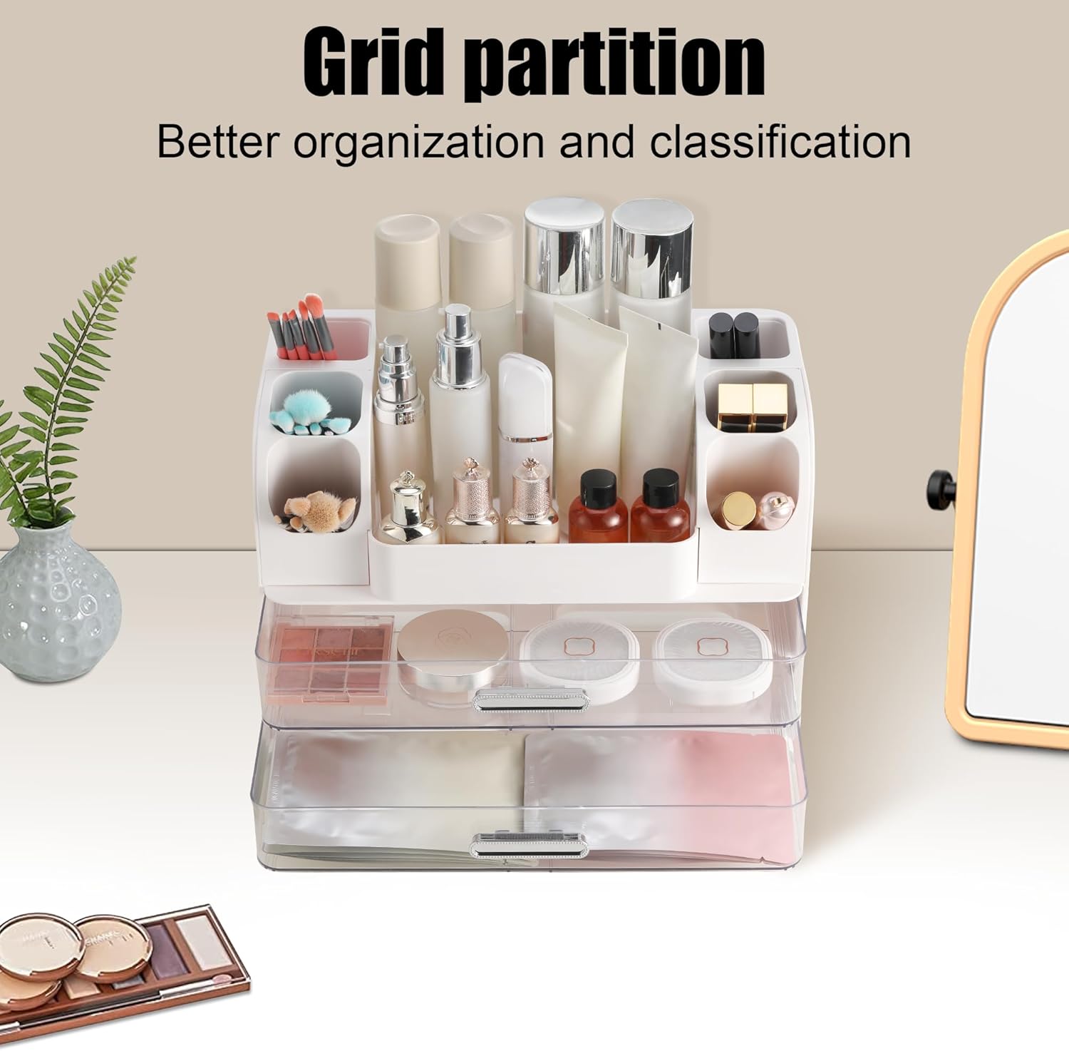 Large Makeup Organizer Countertop with Drawers, Make Up Organizer for Vanity, Makeup Storage Organizer Countertop Makeup Organizers for Skincare, White