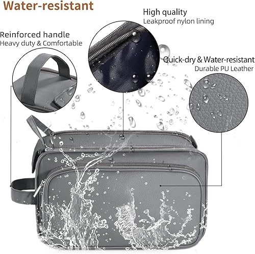 Miniatura 5 de Neceser grande para hombre, organizador de artículos de tocador de viaje de piel sintética, kit de Dopp, bolsa de afeitar resistente al agua para