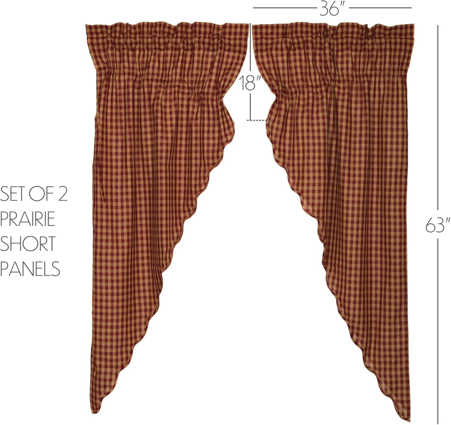 VHC Brands Burgundy Check Primitive 63"x36"x18" Prairie Panel Pair Red Rod Pocket Cotton Drawstring Ties Window Curtains