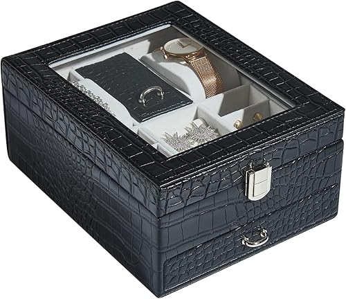 Joyero para hombre, 2 capas de piel sintética, organizador y almacenamiento de joyas, organizador de joyas vintage para anillos, colgantes, aretes,