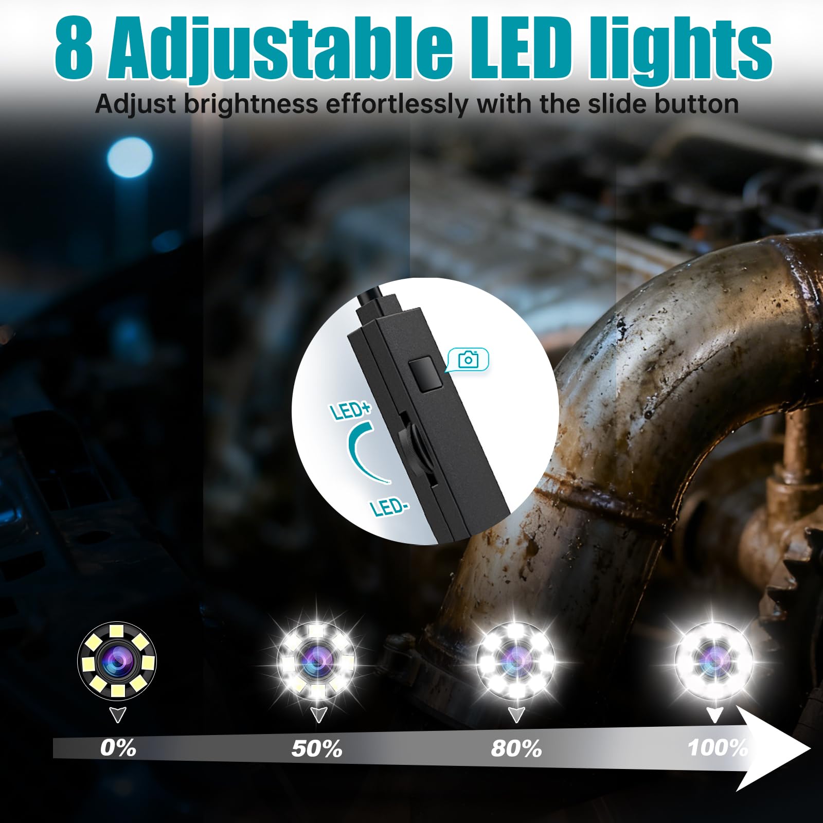 Cámara de inspección HD 1920P con luz, boroscopio semirrígido de 16.4 pies, 8 luces LED, IP67 impermeable, Plug & Play para iPhone/Android/iPad
