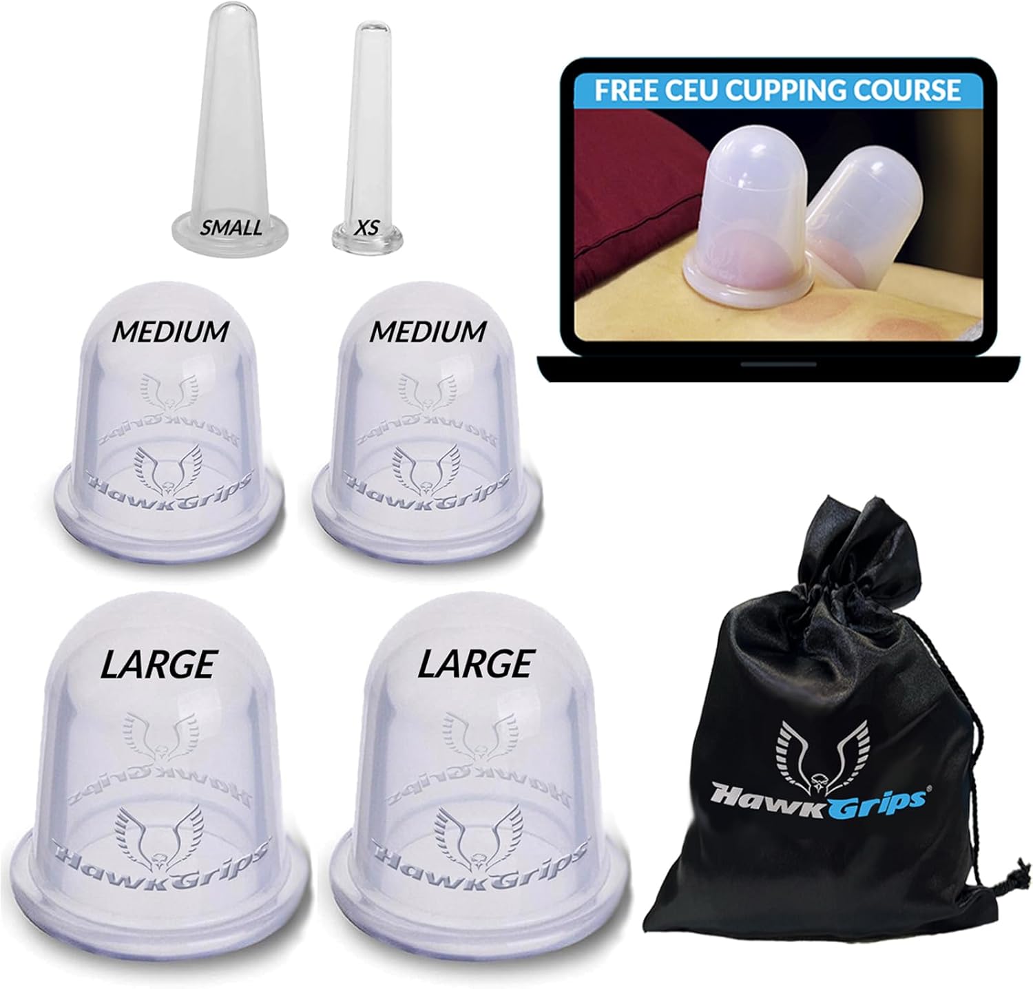 HawkGrips 6-piece Professional Cupping Kit for Massage Therapy and Physical Therapy, Massage Therapy Cups, Deep Tissue Massage, Premium Silicone Cupping Set & 2-Hour CEU-Eligible Course, Pack of 1