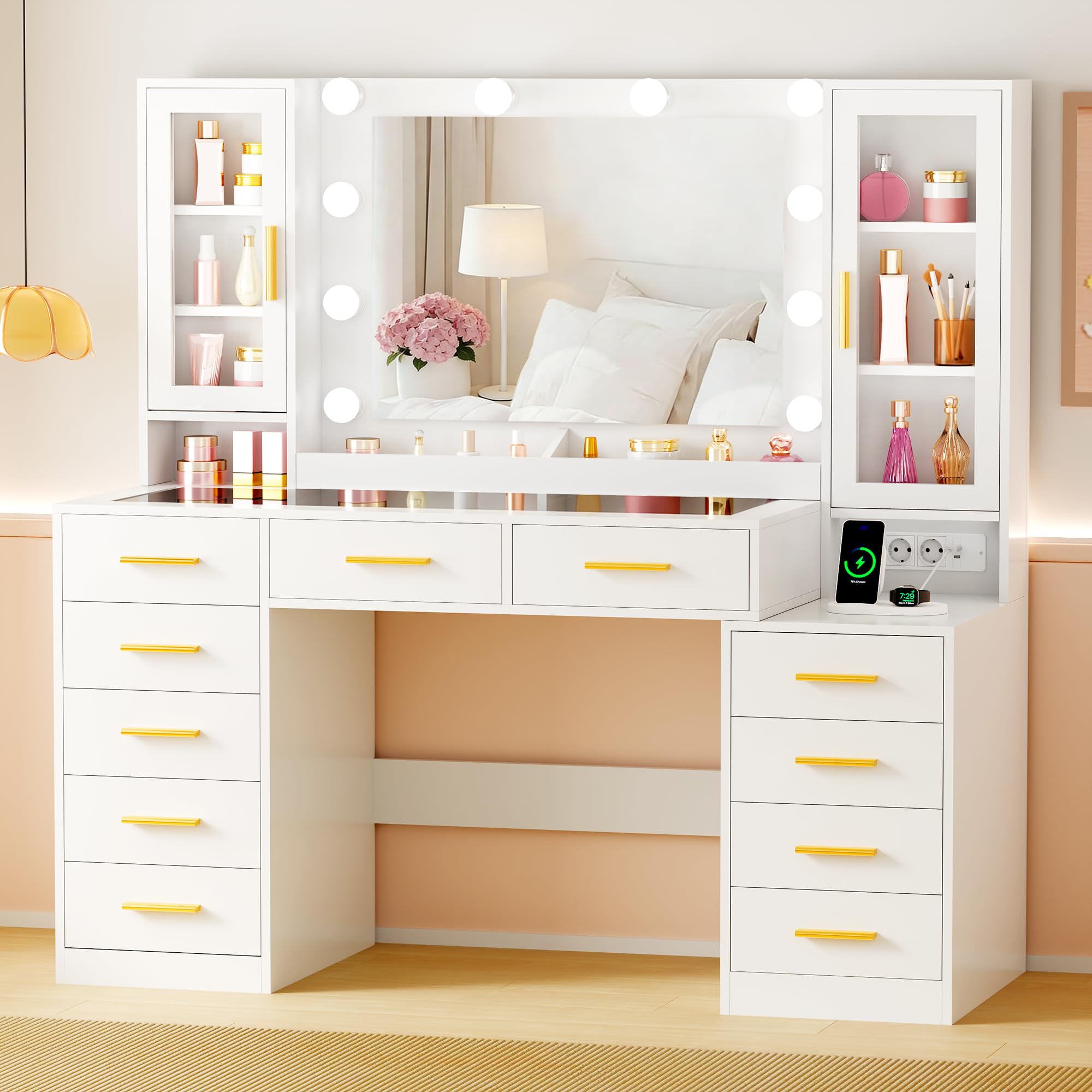 ANWBROAD 135cm Coiffeuse Moderne avec Miroir LED, Table de Maquillage avec Plateau en Verre et Prises Luminosité Réglable, Grande Blanche Coiffeuse avec 11 Tiroirs 6 Étagères pour Chambre Femme BDT23W