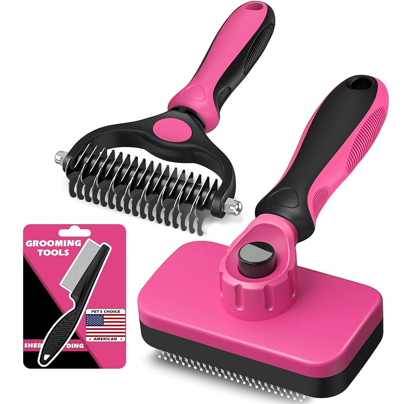 Kit de Higiene e Tosa Augwind com Rastelo Desembaraçador, Escova Autolimpante e Pente Antipulgas, Vermelho, Pacote com 3