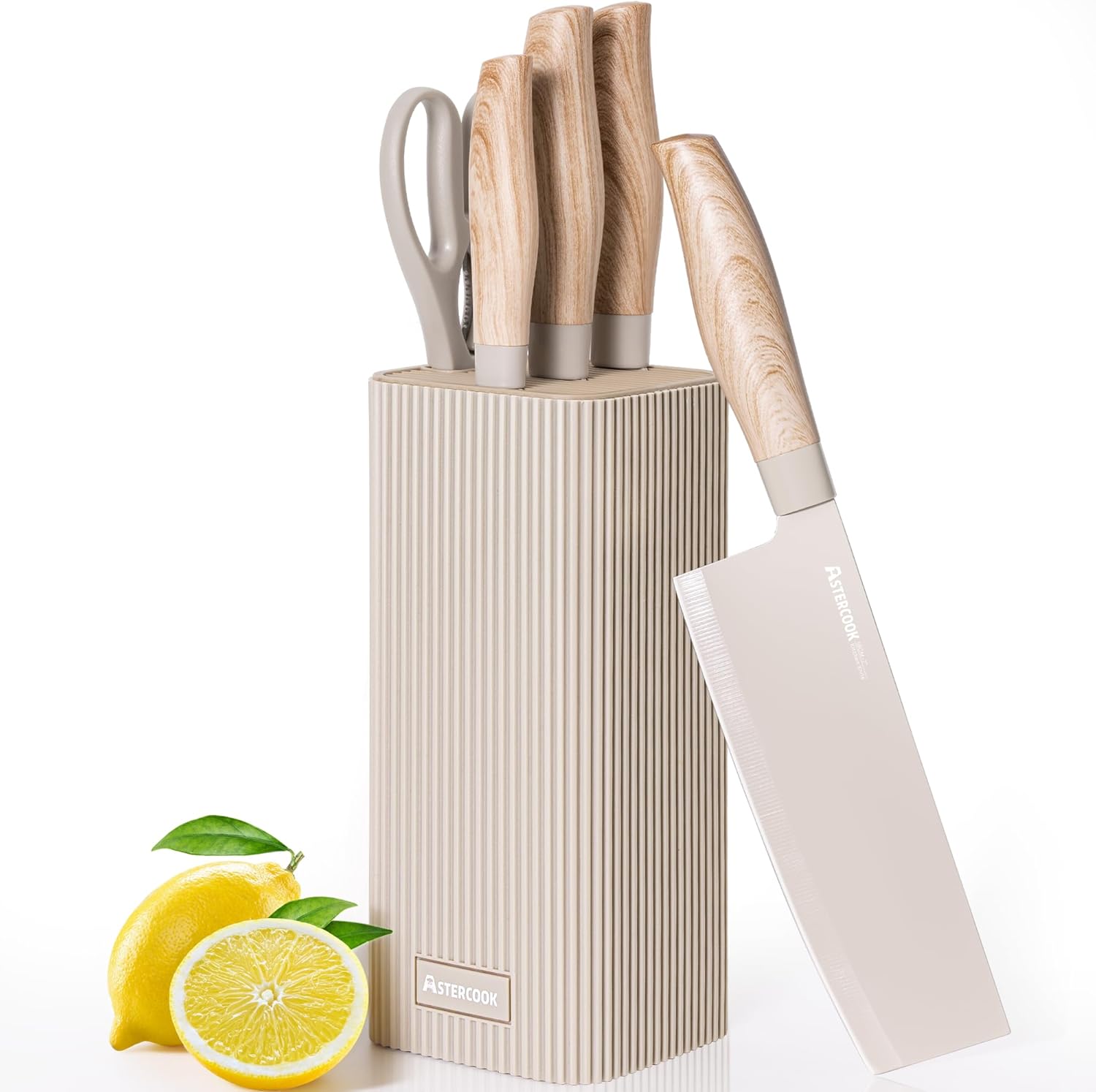 Astercook 6-Piece Khaki Knife Block Set: Ultra Sharp High Carbon Stainless Steel Knives, Wood Grain Handles, Dishwasher Safe