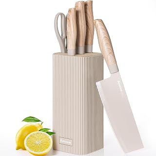 Astercook 6-Piece Khaki Knife Block Set: Ultra Sharp High Carbon Stainless Steel Knives, Wood Grain Handles, Dishwasher Safe
