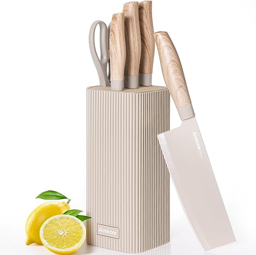 Astercook Knife Set, 6-Piece Kitchen Knife Set with Block, High Carbon Stainless Steel Ultra Sharp Kitchen Knives, Wood Grain Handle, Dishwasher Safe Knife Block Set, Khaki, Kitchen Utility Knives