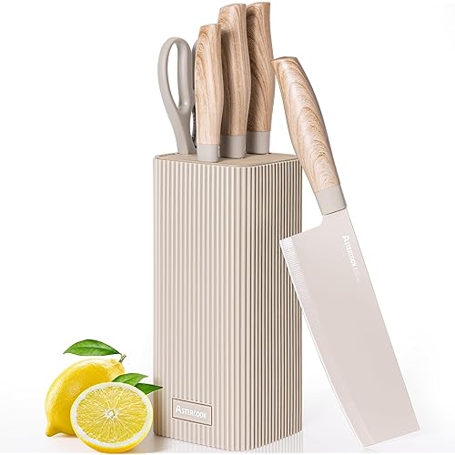 Astercook Knife Set, 6-Piece Kitchen Knife Set with Block, High Carbon Stainless Steel Ultra Sharp Kitchen Knives, Wood Grain Handle, Dishwasher Safe Knife Block Set, Khaki