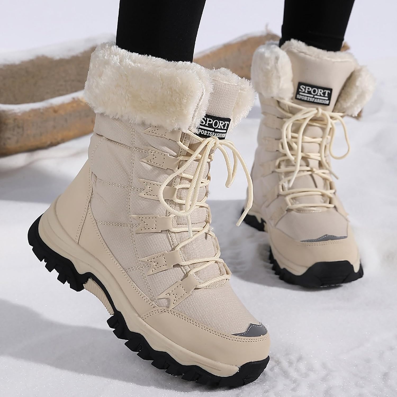 Womens Winter Boots Lightweight Winter Boots for Women Waterproof Comfortable Warm Fur Lined Mid Calf Snow Boots Lug Sole Lace up Fashion Ladies High Top Anti-Slip Casual Outdoor Walking Shoes